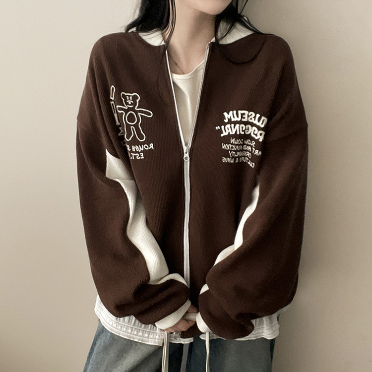 クマバイカラーニットカーディガン BROWN