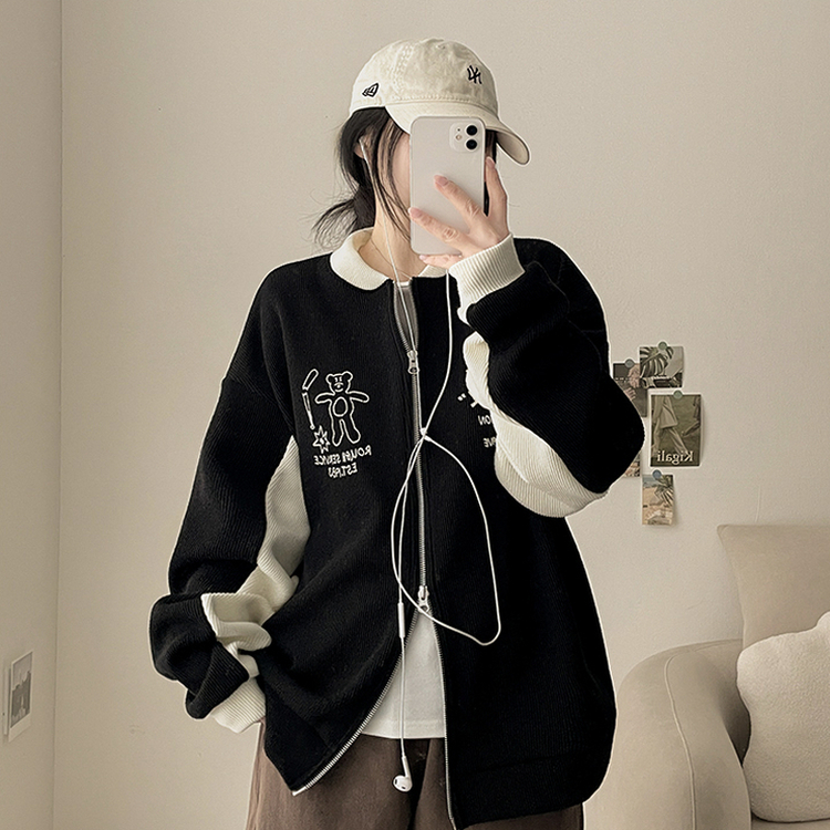 クマバイカラーニットカーディガン BLACK