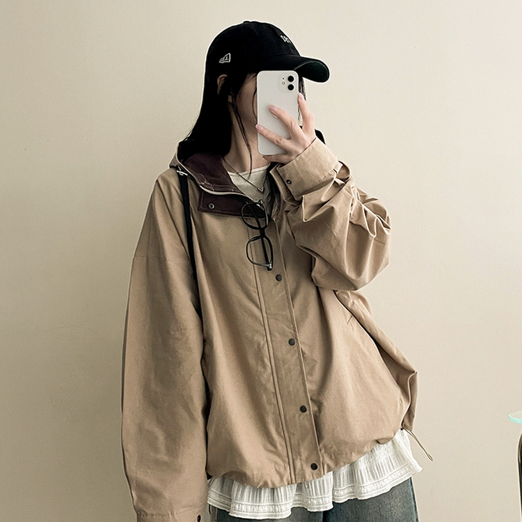 ストリングバイカラーフードジャンパー BEIGE
