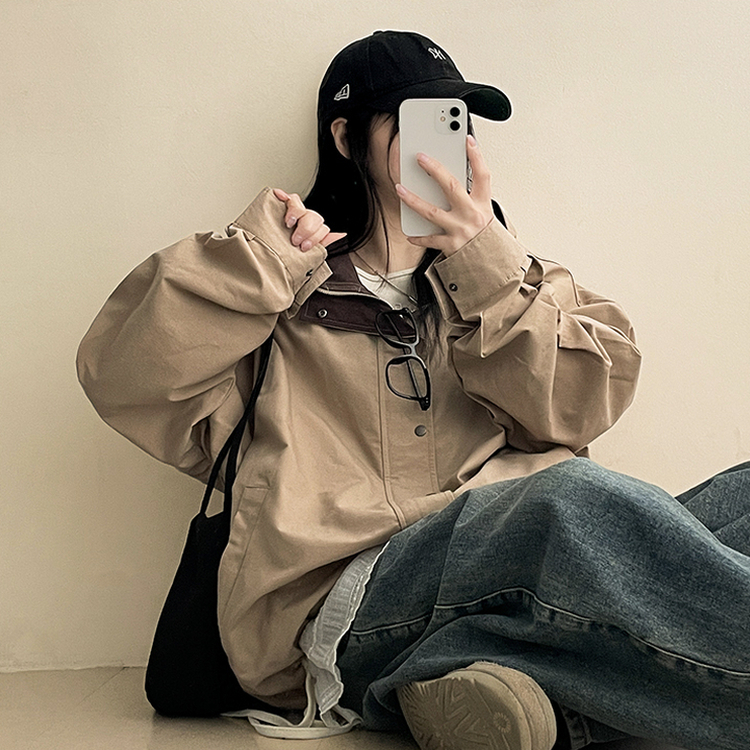 ストリングバイカラーフードジャンパー BEIGE