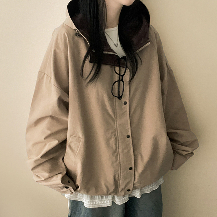 ストリングバイカラーフードジャンパー BEIGE