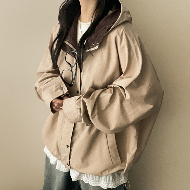 ストリングバイカラーフードジャンパー BEIGE