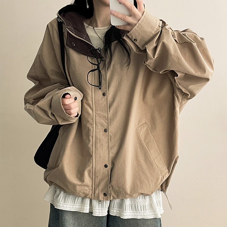 ストリングバイカラーフードジャンパー BEIGE