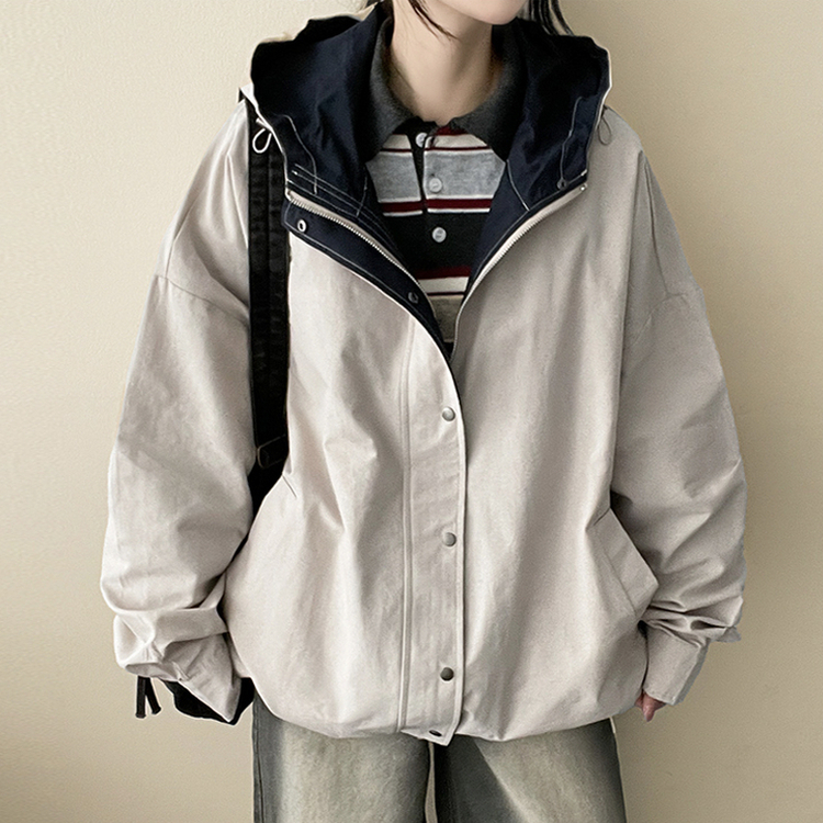 ストリングバイカラーフードジャンパー CREAM