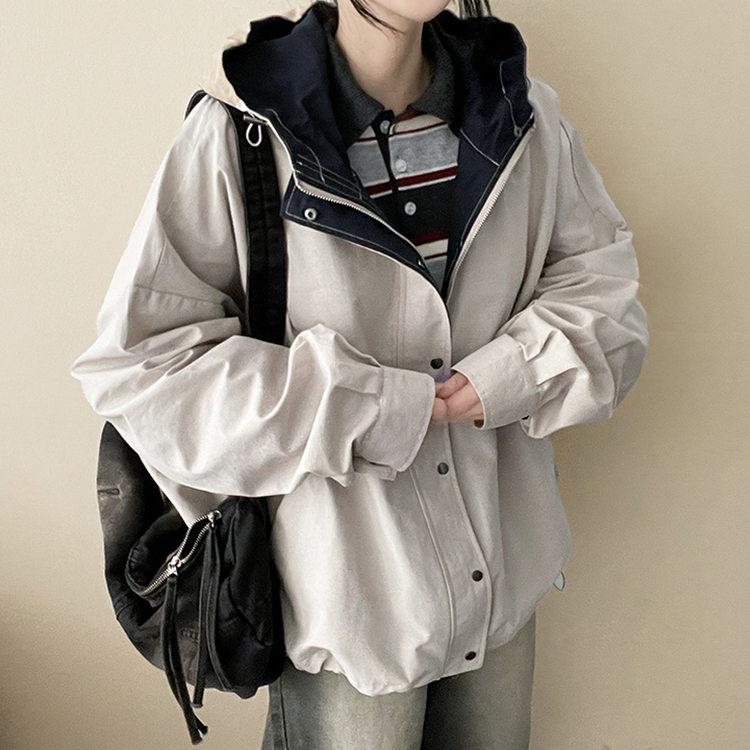 ストリングバイカラーフードジャンパー CREAM