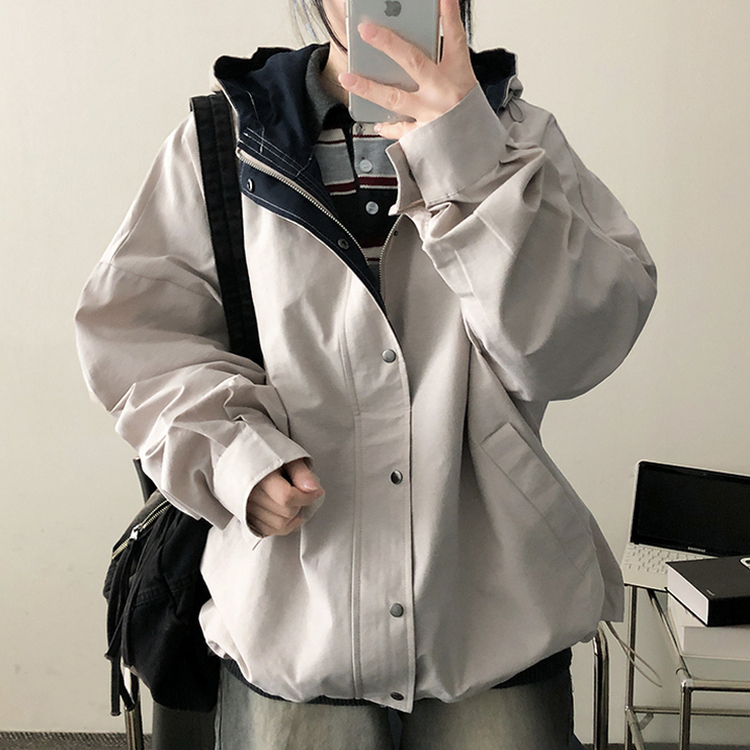 ストリングバイカラーフードジャンパー CREAM