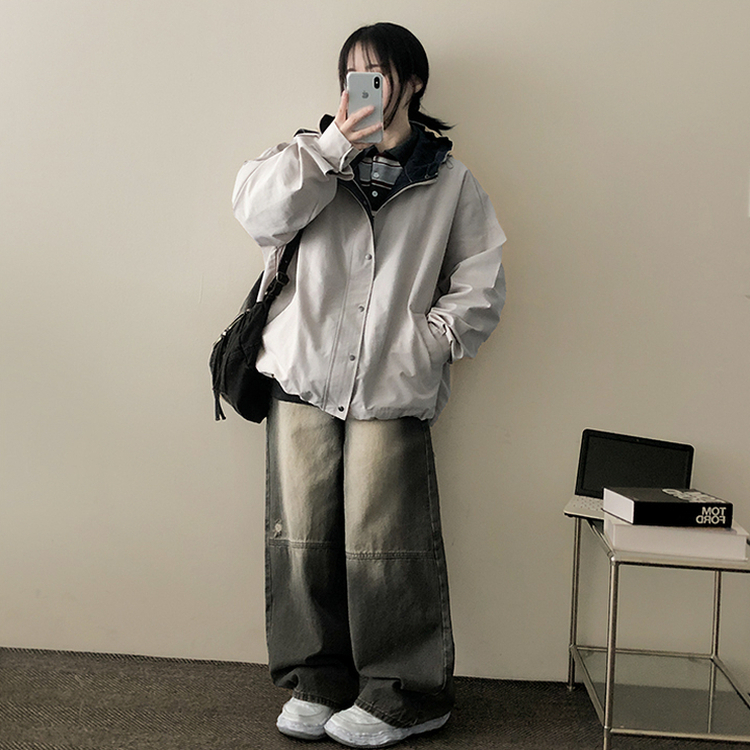 ストリングバイカラーフードジャンパー CREAM