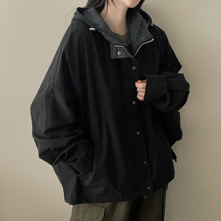 ストリングバイカラーフードジャンパー BLACK