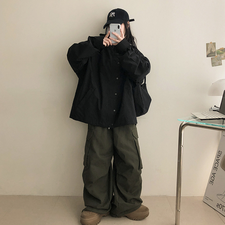 ストリングバイカラーフードジャンパー BLACK