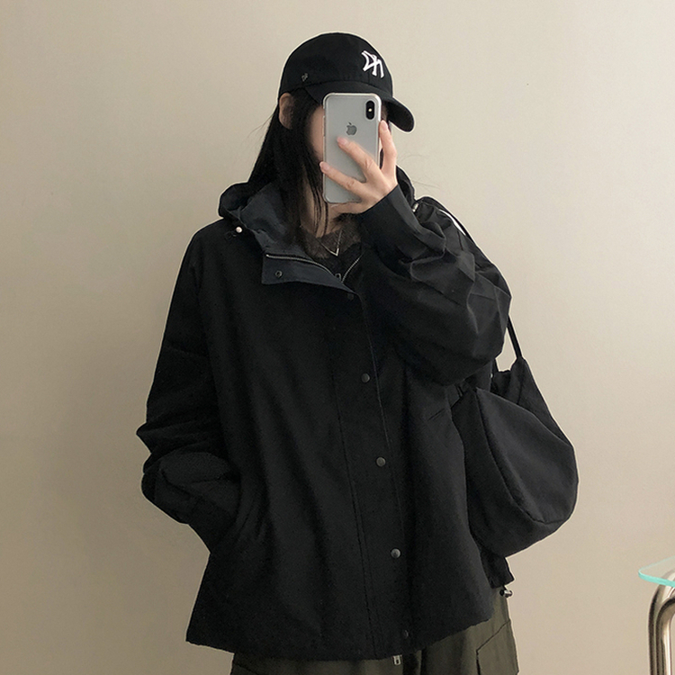 ストリングバイカラーフードジャンパー BLACK