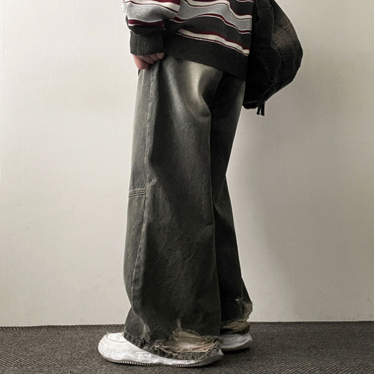 【丈別】ダメージワイドデニムパンツ(5color) KHAKI GRAY