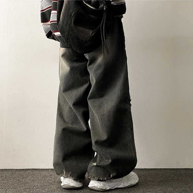 【丈別】ダメージワイドデニムパンツ(5color) KHAKI GRAY