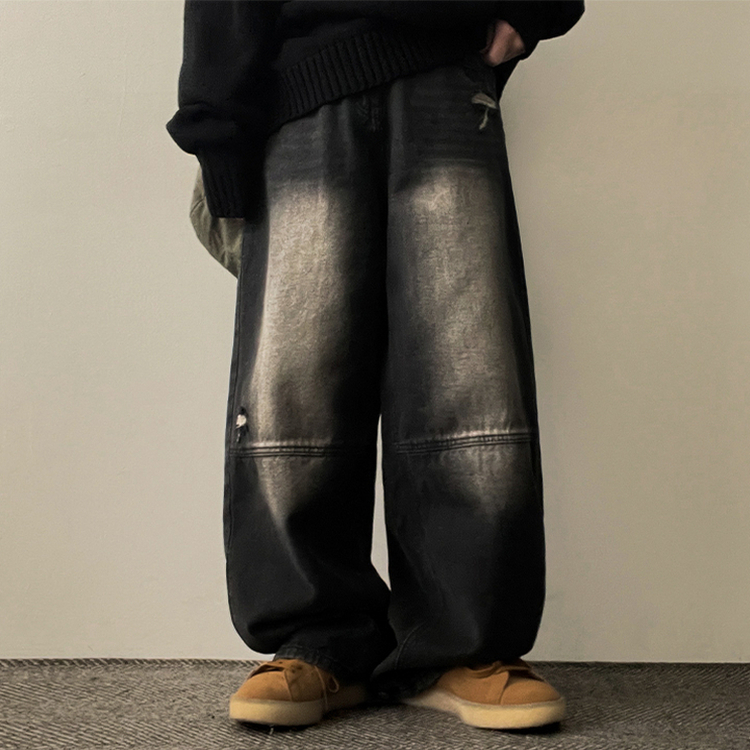 【丈別】ダメージワイドデニムパンツ(5color) BLACK DENIM