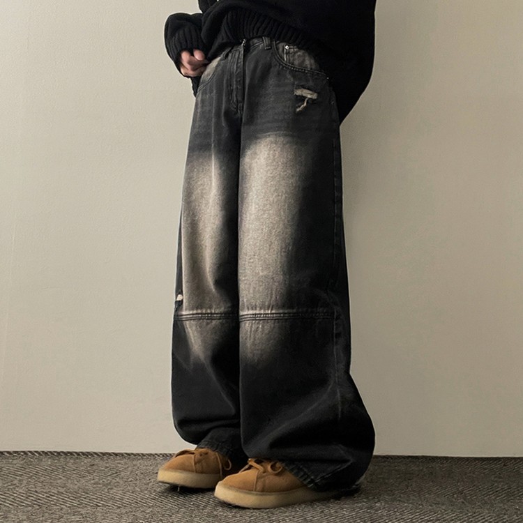 【丈別】ダメージワイドデニムパンツ(5color) BLACK DENIM