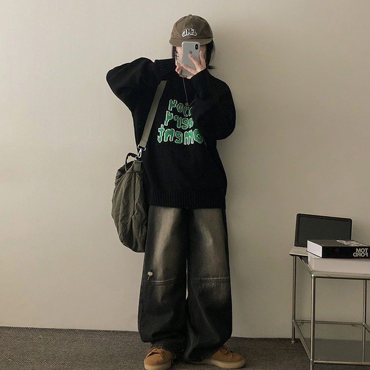 【丈別】ダメージワイドデニムパンツ(5color) BLACK DENIM