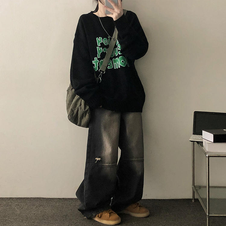 【丈別】ダメージワイドデニムパンツ(5color) BLACK DENIM