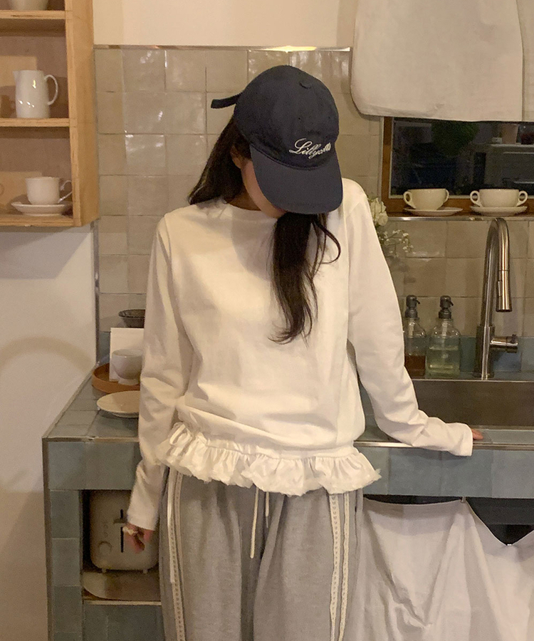 レイヤードフリルコットン長袖Tシャツ IVORY