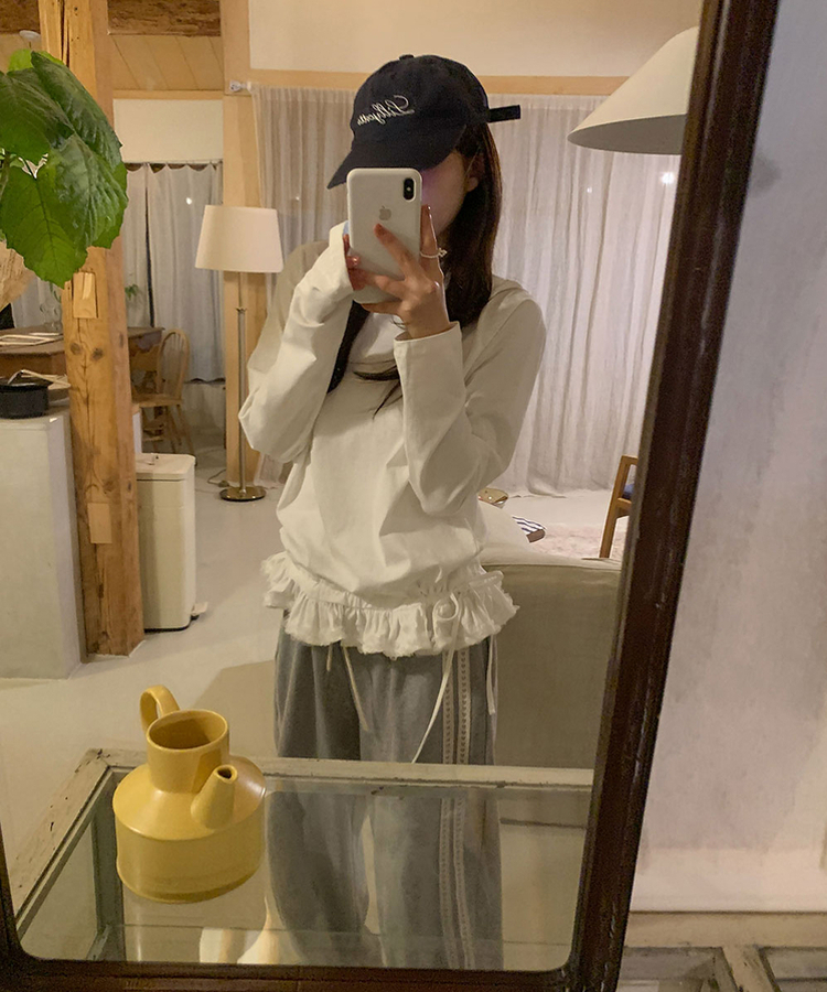 レイヤードフリルコットン長袖Tシャツ IVORY