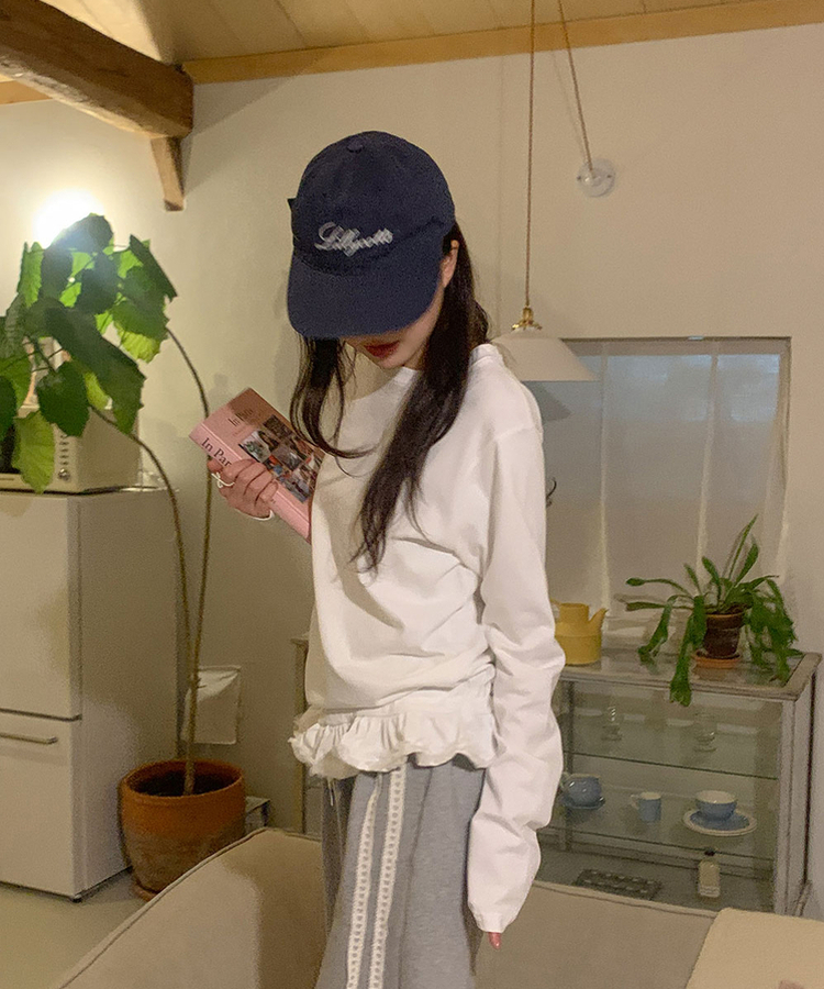 レイヤードフリルコットン長袖Tシャツ IVORY
