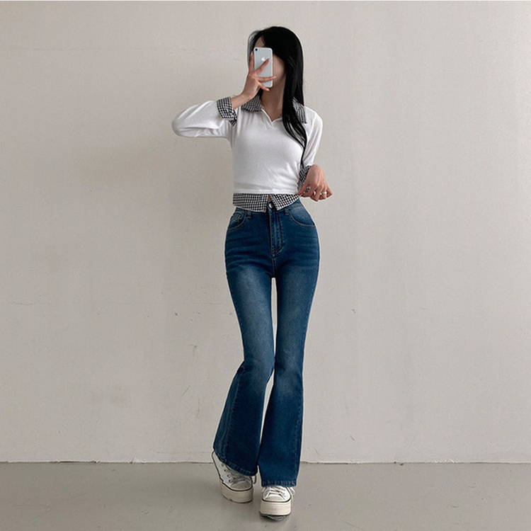 【丈別】ハイウエストブーツカットデニムパンツ(8color) BLUE