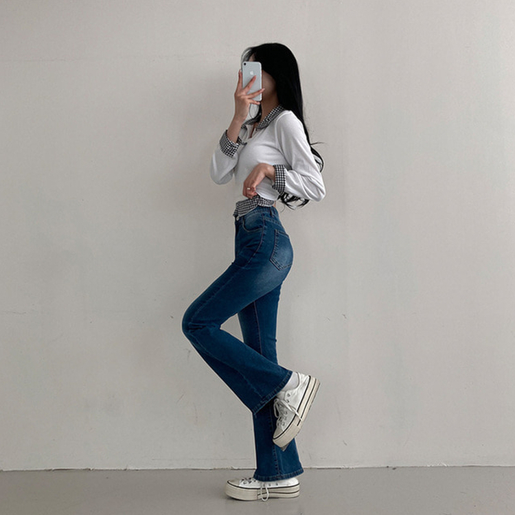 【丈別】ハイウエストブーツカットデニムパンツ(8color) BLUE