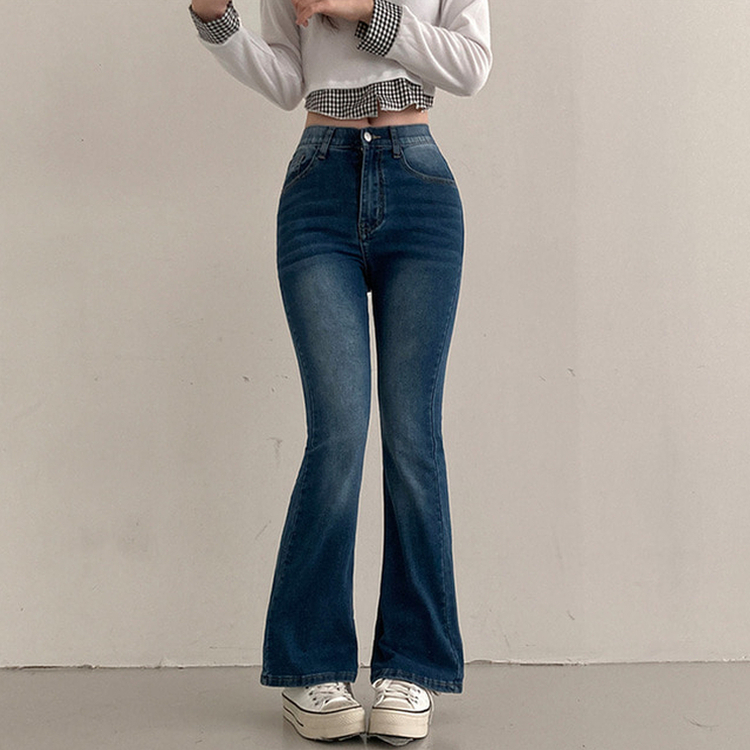 【丈別】ハイウエストブーツカットデニムパンツ(8color) BLUE