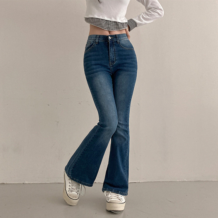 【丈別】ハイウエストブーツカットデニムパンツ(8color) BLUE