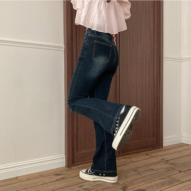 【丈別】ハイウエストブーツカットデニムパンツ(8color) DARK DENIM