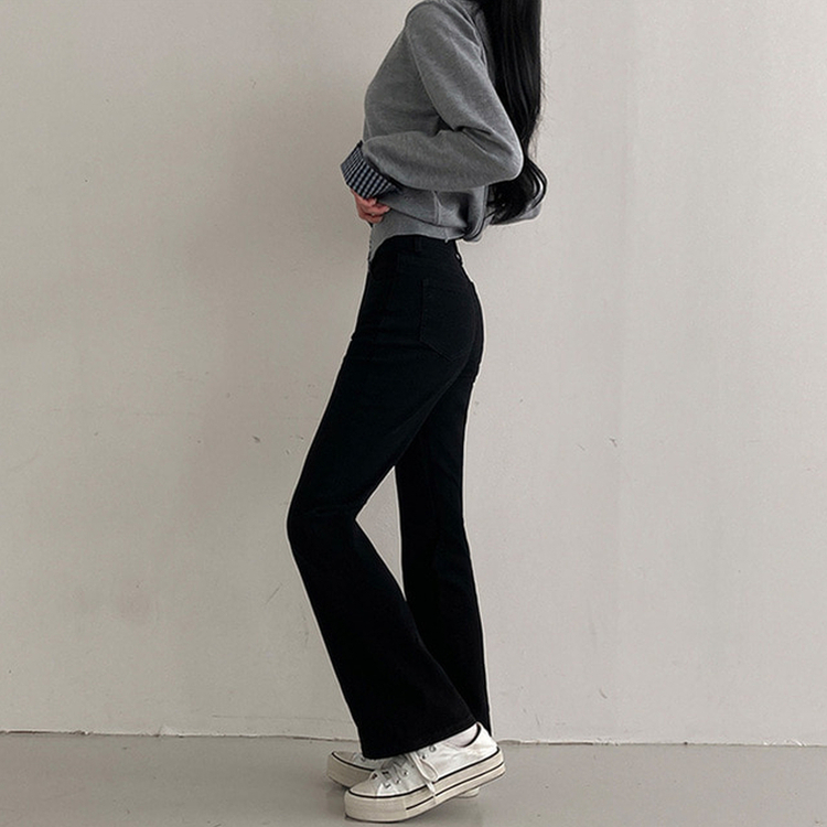 【丈別】ハイウエストブーツカットデニムパンツ(8color) BLACK