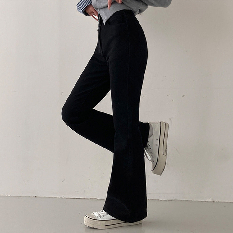 【丈別】ハイウエストブーツカットデニムパンツ(8color) BLACK