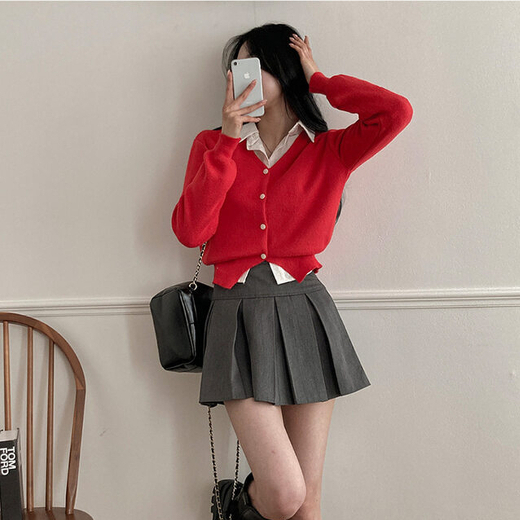 Vネッククロップニットカーディガン(8color) RED