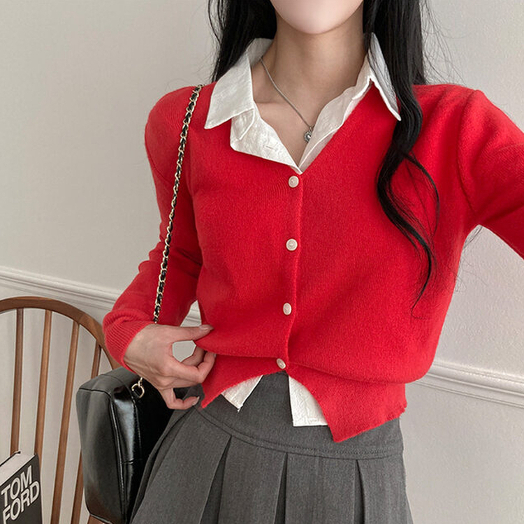 Vネッククロップニットカーディガン(8color) RED