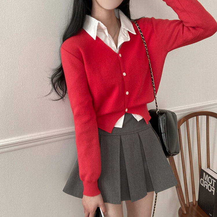 Vネッククロップニットカーディガン(8color) RED
