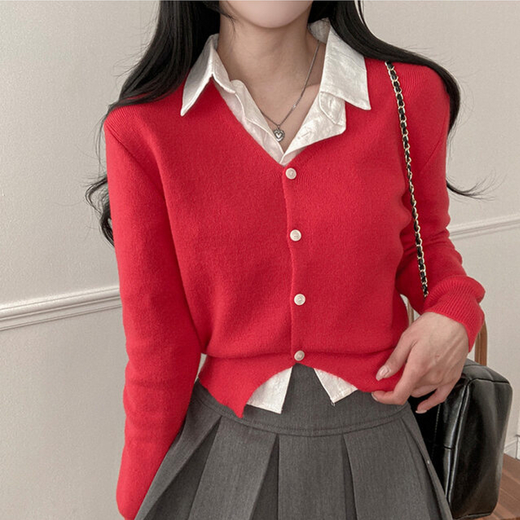 Vネッククロップニットカーディガン(8color) RED