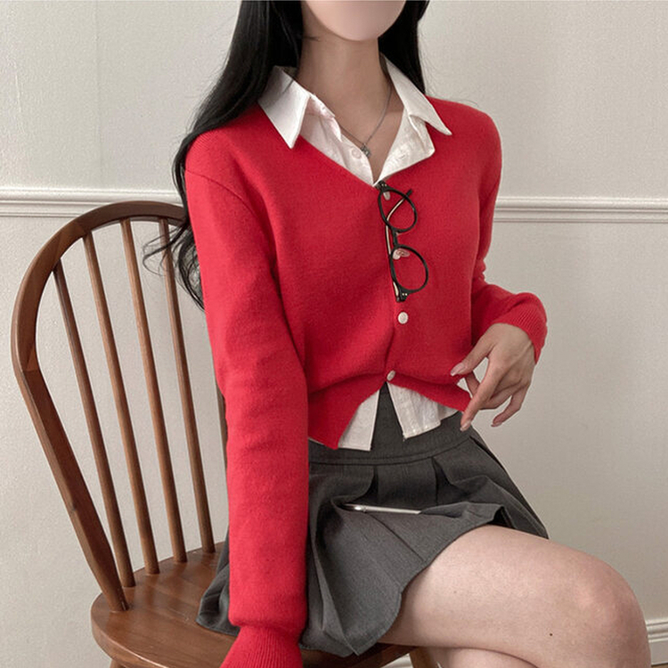 Vネッククロップニットカーディガン(8color) RED