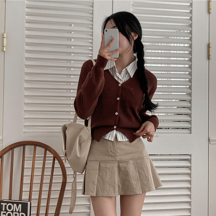 Vネッククロップニットカーディガン(8color) BROWN