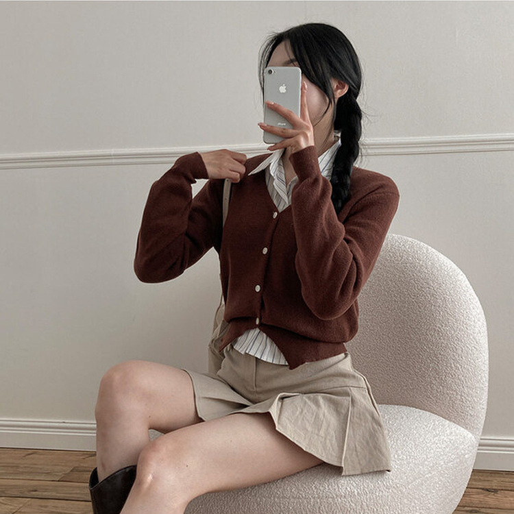 Vネッククロップニットカーディガン(8color) BROWN