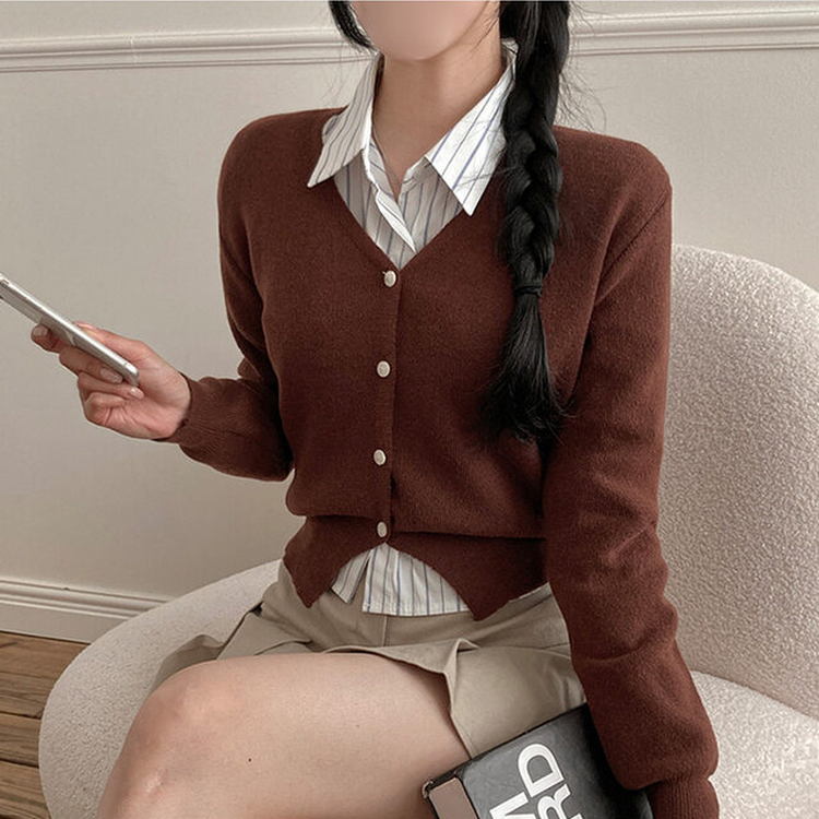 Vネッククロップニットカーディガン(8color) BROWN