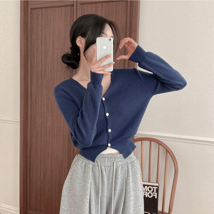 Vネッククロップニットカーディガン(8color) BLUE
