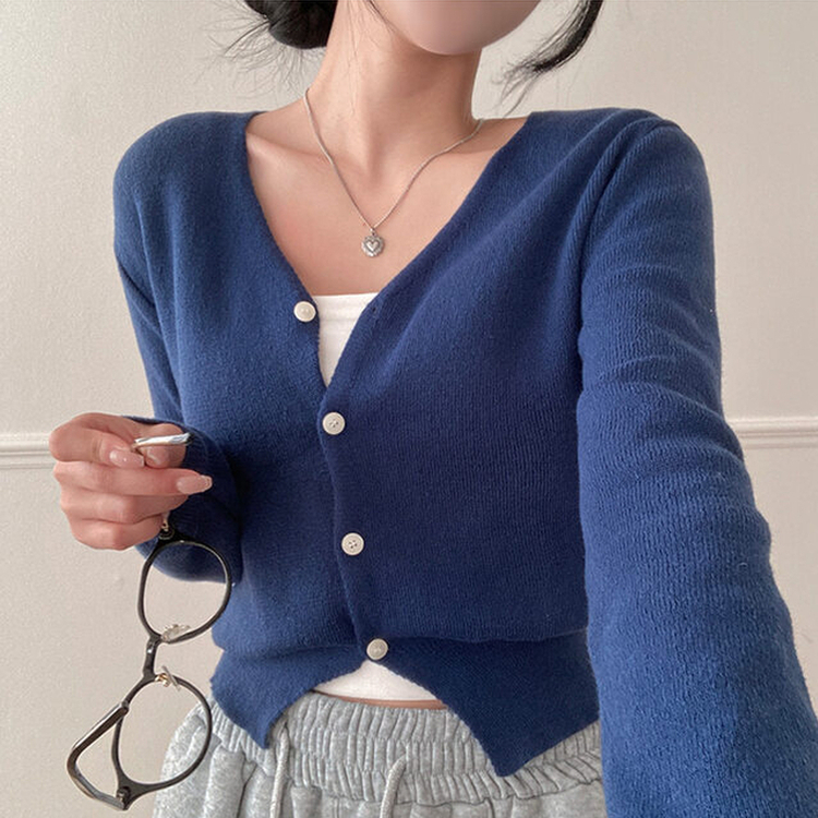 Vネッククロップニットカーディガン(8color) BLUE
