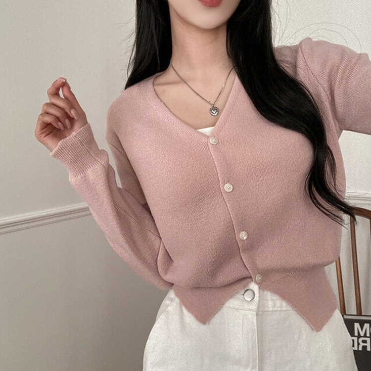 Vネッククロップニットカーディガン(8color) PINK