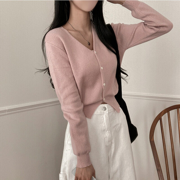 Vネッククロップニットカーディガン(8color) PINK