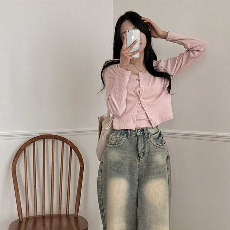 로아 펀칭 레이스 골지 나시 가디건 세트 인디핑크