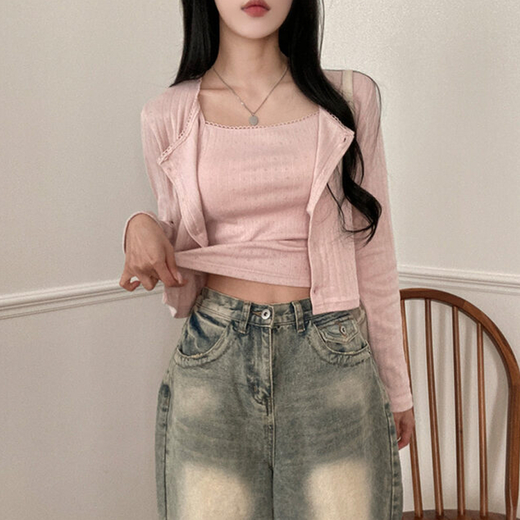 로아 펀칭 레이스 골지 나시 가디건 세트 인디핑크