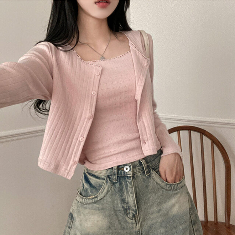 로아 펀칭 레이스 골지 나시 가디건 세트 인디핑크