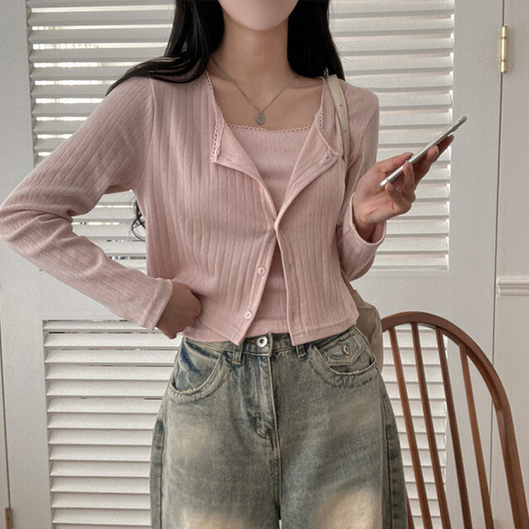 로아 펀칭 레이스 골지 나시 가디건 세트 인디핑크