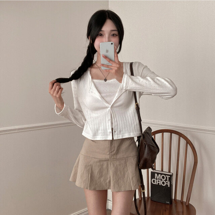 로아 펀칭 레이스 골지 나시 가디건 세트 아이보리