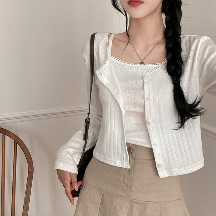 로아 펀칭 레이스 골지 나시 가디건 세트 아이보리