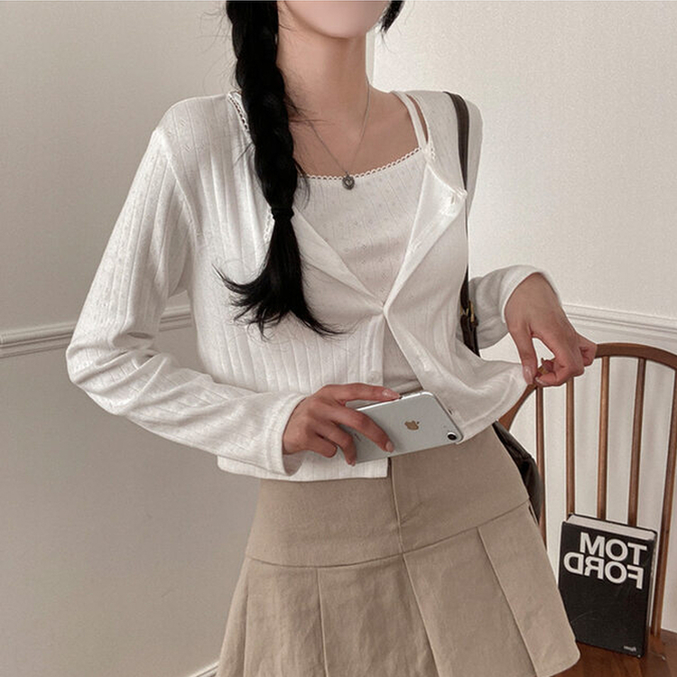 로아 펀칭 레이스 골지 나시 가디건 세트 아이보리