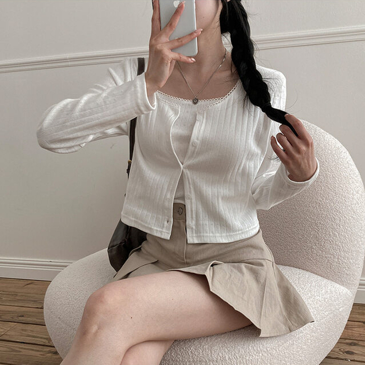 로아 펀칭 레이스 골지 나시 가디건 세트 아이보리